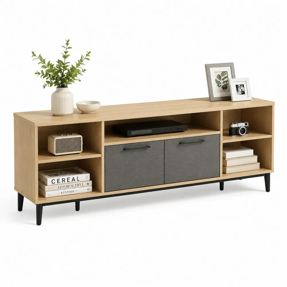 TV Lowboard 180 x 35 x 55 cm MDF Eicheoptik mit Türen und offenen Fächern Grau