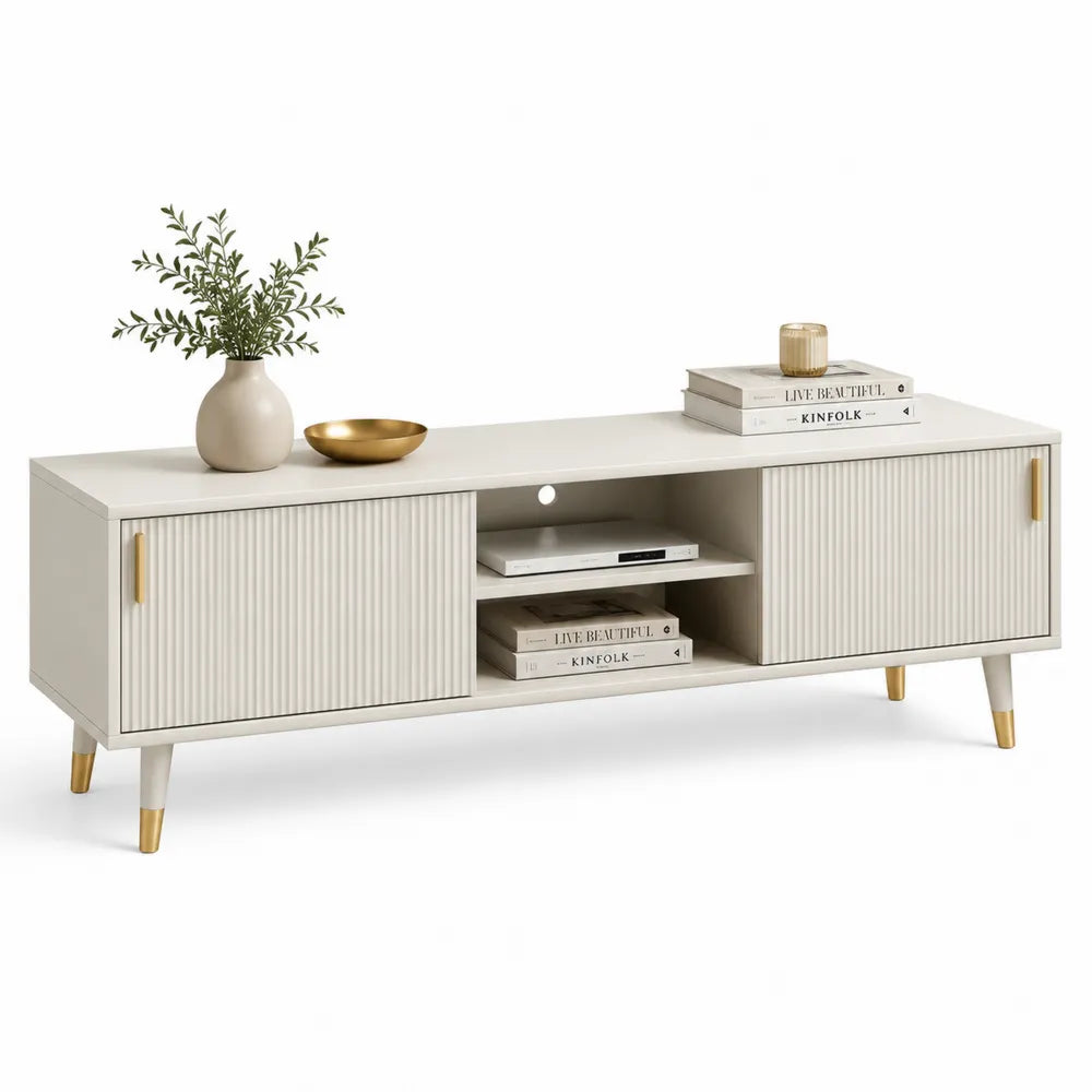 TV Lowboard 180 x 40 x 55 cm MDF Weiß mit geriffeltem Frontdesign und Goldbeinen