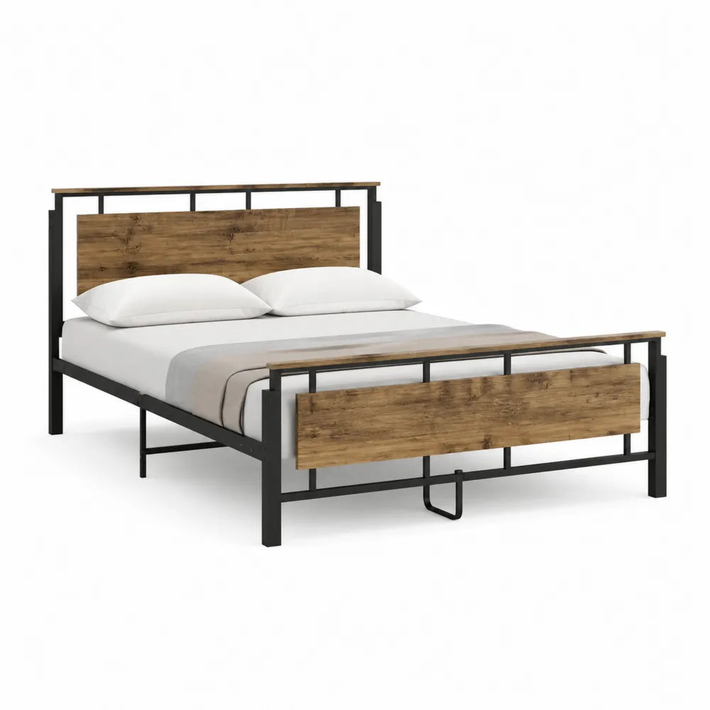 Doppelbett Metallbett mit Kopfteil Fußteil MDF Holzdekor Stahlrahmen Schwarz Braun 160 x 200 cm