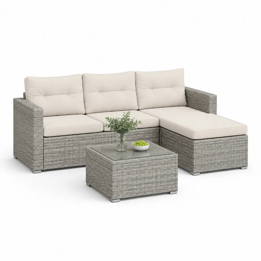 Gartenlounge Set 5 teilig Polyrattan Ecksofa Couchtisch Polyesterkissen Grau Beige 280x210x65 cm