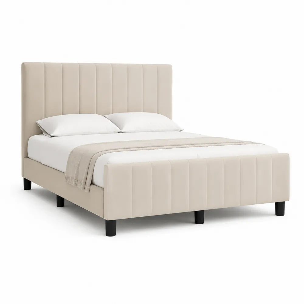Polsterbett Doppelbett Stoffbezug Beige mit Kopfteil und Fußteil 160 x 200 cm