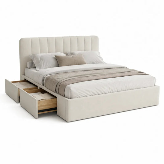 Stauraumbett Polsterbett Doppelbett Polyesterbezug Schubladen Weiß 180 x 200 cm