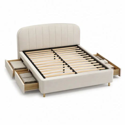 Doppelbett mit Schubladen Polsterbett Bettgestell Stoffbezug Beige 180 x 200 cm