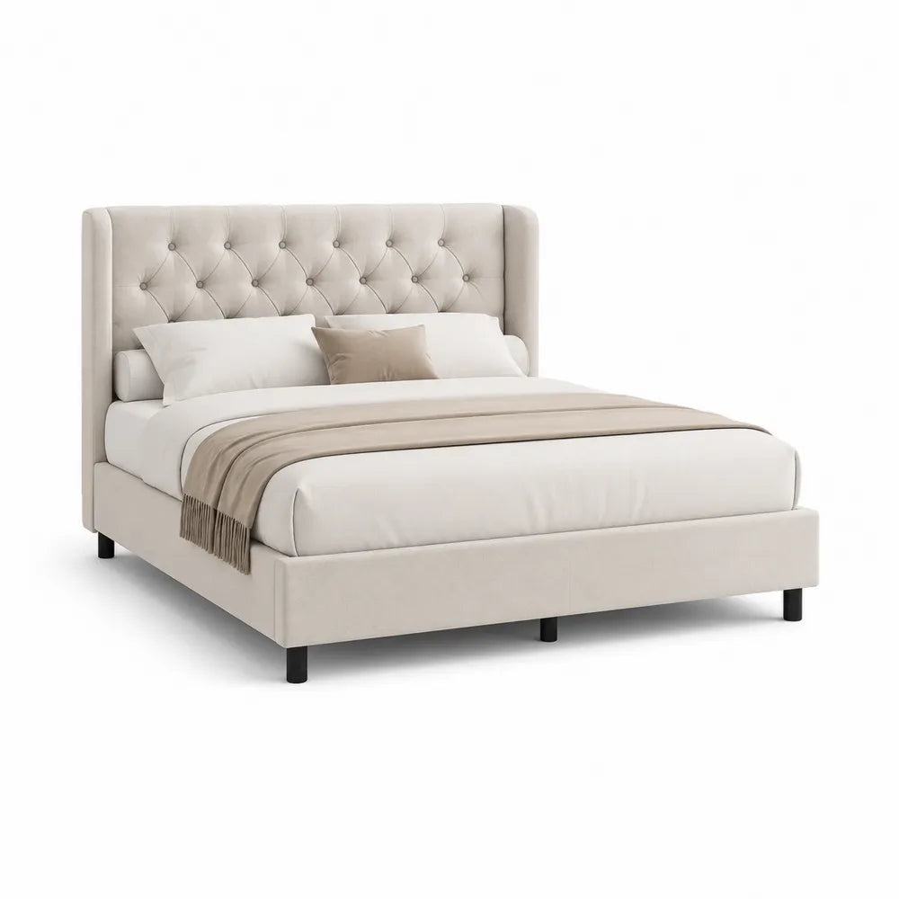 Doppelbett Polsterbett Bettgestell Stoffbezug Beige 180 x 200 cm