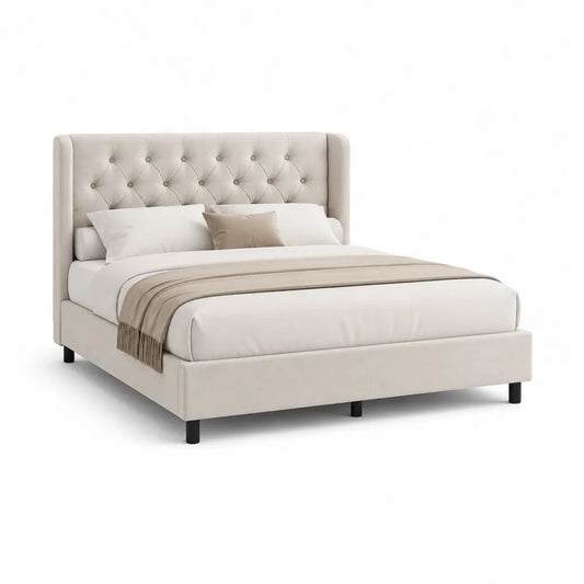 Doppelbett Polsterbett Bettgestell Stoffbezug Beige 180 x 200 cm