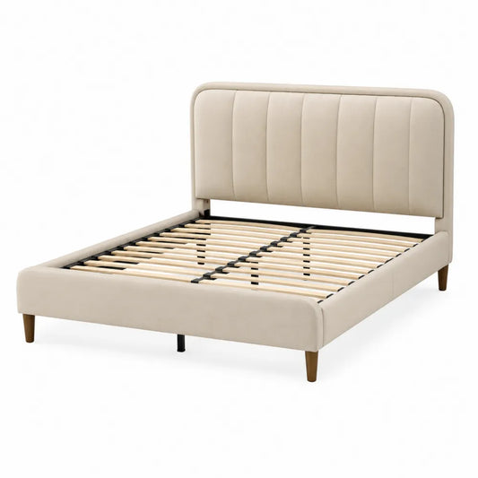 Polsterbett Doppelbett PU Kunstleder Beige mit Kopfteil 160 x 200 cm