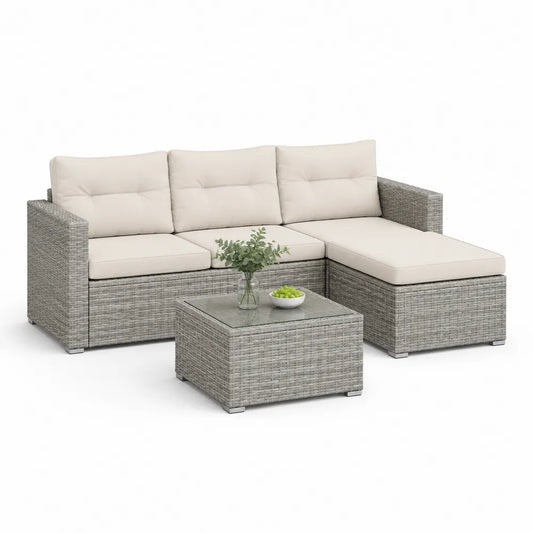 Gartenlounge Set 5 teilig Polyrattan Ecksofa Couchtisch Polyesterkissen Grau Beige 280x210x65 cm