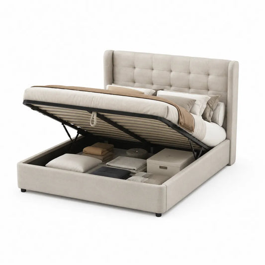 Stauraumbett Doppelbett mit Bettkasten Polsterbett Stoffbezug Beige 180 x 200 cm