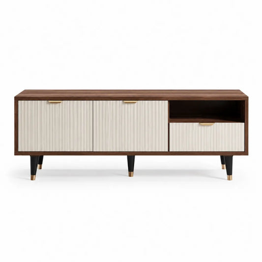 TV Lowboard 200 x 40 x 50 cm MDF mit Türen Schublade offenem Fach Braun Beige