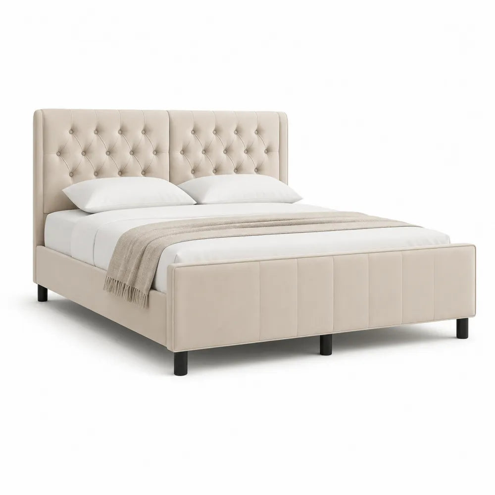 Polsterbett Doppelbett Polyesterbezug Beige mit Kopfteil und Fußteil 160 x 200 cm