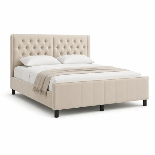 Polsterbett Doppelbett Polyesterbezug Beige mit Kopfteil und Fußteil 160 x 200 cm