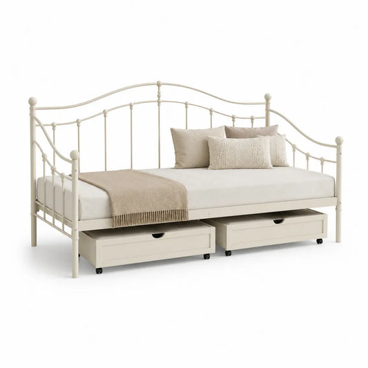 Metallbett Tagesbett 90 x 200 cm Stahlrahmen Rechteckig Weiß mit Schubladen
