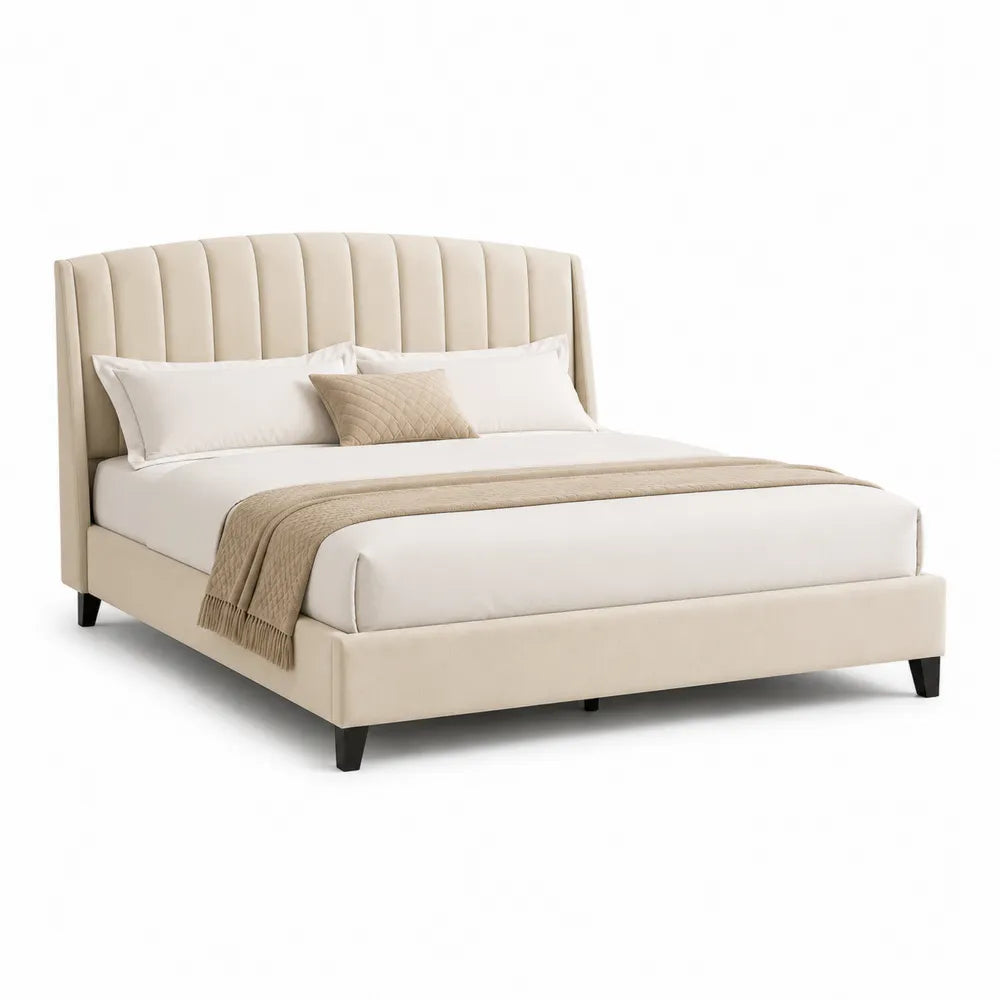 Polsterbett Doppelbett 160 x 200 cm MDF Rahmen Polyesterbezug Rechteckig Beige mit gepolstertem Kopfteil